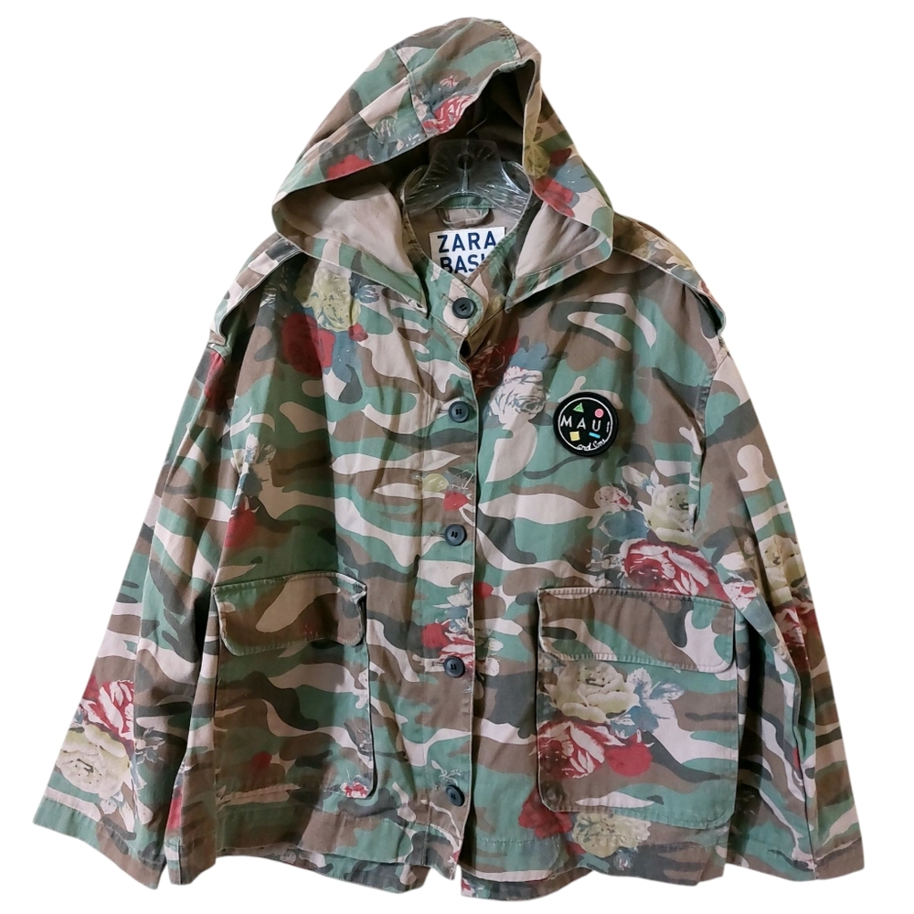 ZARA Basics Maui & Sons Camo Hooded Jacket Limited Edition Floral Military